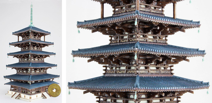 Five Storied Pagoda (Gojyunoto) Modeling (Height) 170 mm: Comparison - Japanese coin (jpy5.-) dia. 22 mm *The coin is not a 3D model.